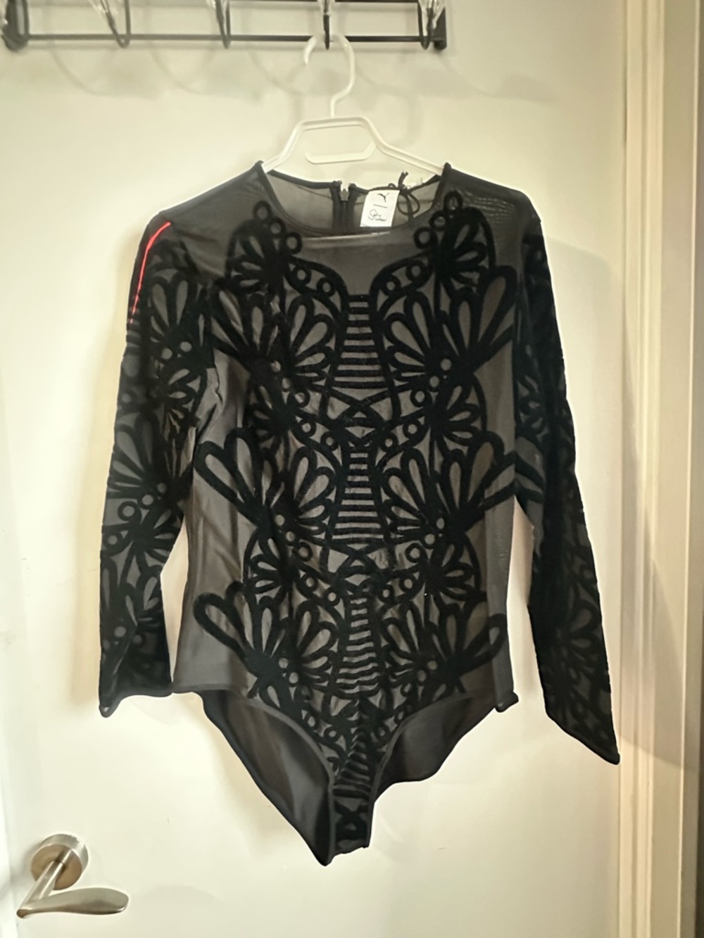 Sophia Webster Black Sheer Velvet Appliqué Long-Sleeve Bodysuit